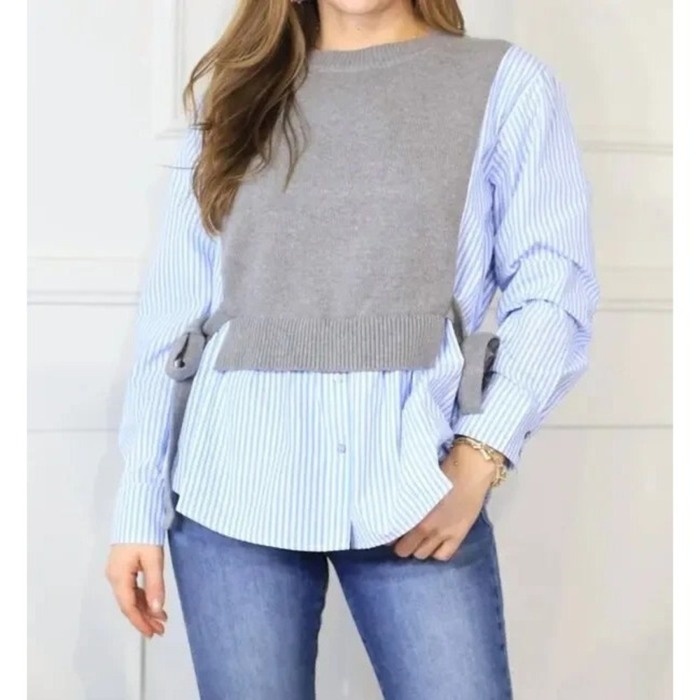 New Entro Where I Belong Layered Sweater Shirt Blue Stripe Tie  Size S Office